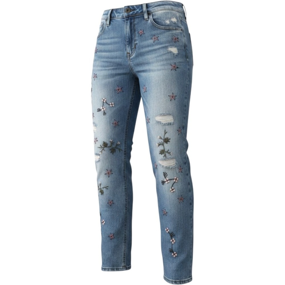 Lucky Brand Distressed Floral Straight Leg Jeans Women Size 0/25 Blue Denim Boho